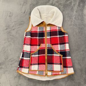 Million Bullpup Zip Up Red Plaid Wool Sherpa Vest Women's Size L